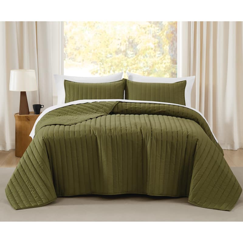 Brooklyn Loom Oversized Cotton Percale 3 Piece Quilt Set - Olive Green - Oversized King