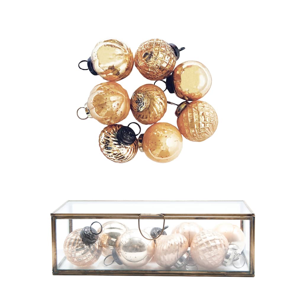 Embossed Mercury Glass Ornaments in Brass and Glass Display Box - 2.0"L x 2.0"W x 2.0"H