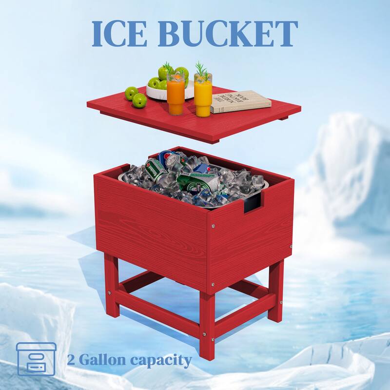 Outdoor Patio Weather Resistant HDPE Coffee & Side Table, Build-in Stainless Steel Cooler Bucket