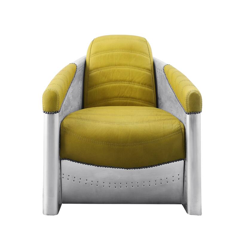 Top Grain Leather Accent Chair with Tight Back in Yellow - Yellow and Aluminum