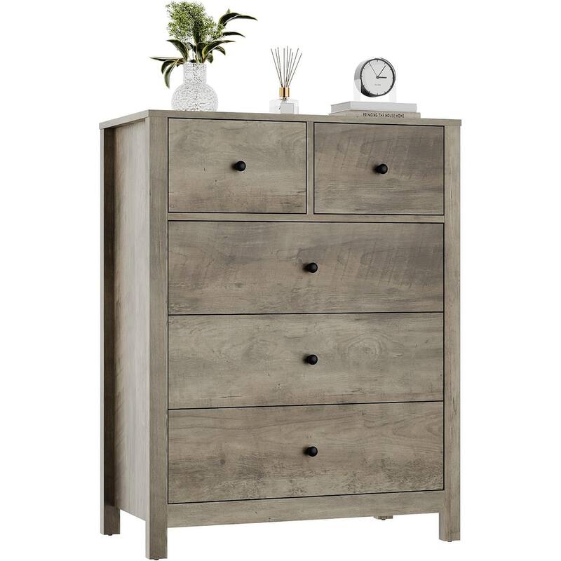 5 Drawer Dresser for Bedroom, Tall Black Chest with Deep Drawers and Metal Knobs, Wooden Organizer for Hallway