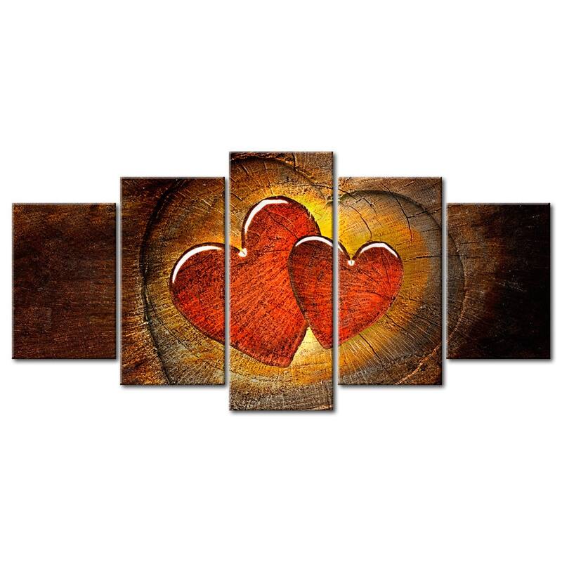 Vintage Canvas Wall Art - Wooden Hearts - 5 Pieces - 40"Wx20"H