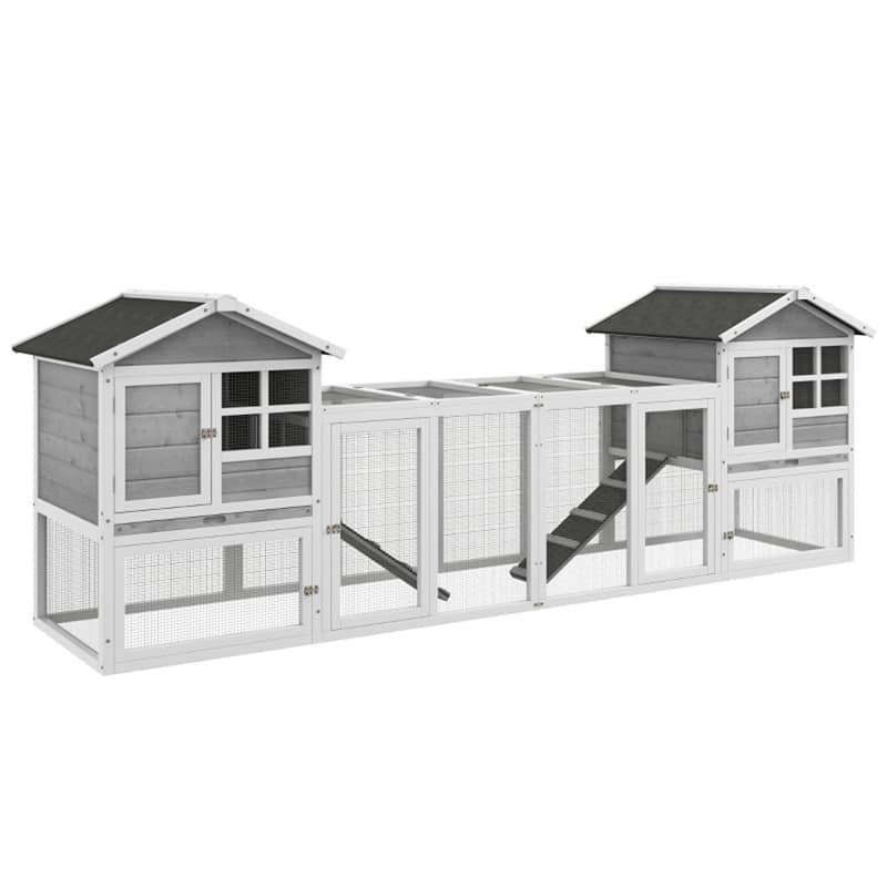 White-Grey-Black Fir Wood Hutch with Asphalt Roof for Small Pets - 102" L x 25.25" W x 36.25" H - White-Grey-Black