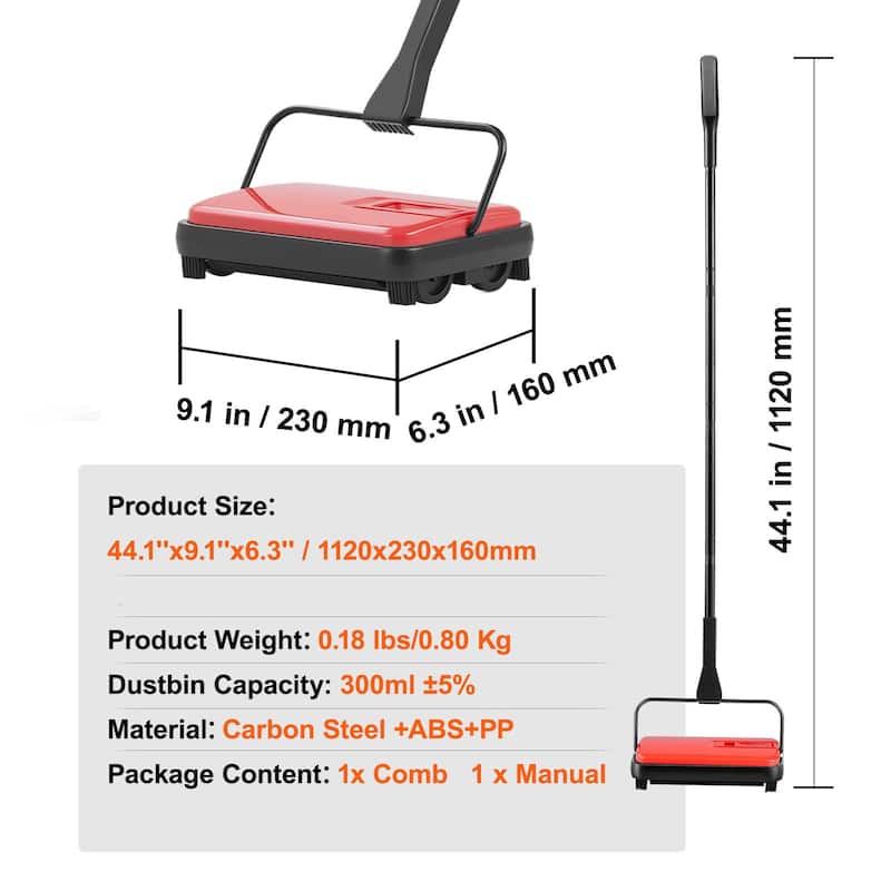 Carbon Steel Manual Carpet Sweeper with 7.87in Brush and Easy Dustbin - 44.1 x 9.1 x 6.3 inch