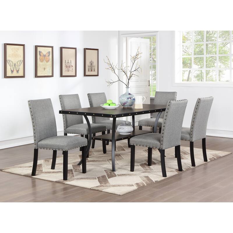 Modern Grey Fabric Dining Chairs with Plush Cushions and Nailhead Trim