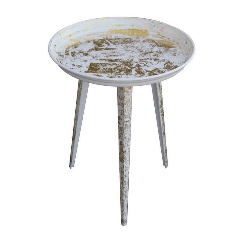 20 Inch Artisanal Industrial Round Tray Top Iron Side End Table, Tripod Base, Distressed White, Gold - 20 H x 16 W x 16 L