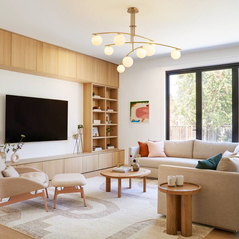 Modern Brass Sputnik Linear Opal Frosted Glass Globe Semi-Flush Mount Light