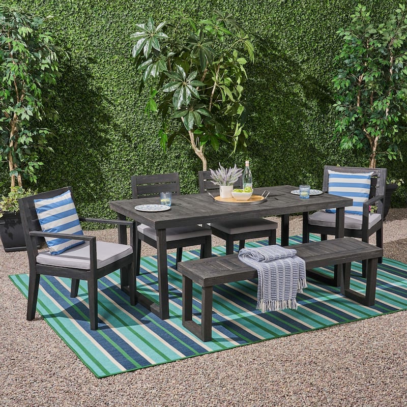 Nestor Outdoor 6-Seater Acacia Wood Dining Set with Bench by Christopher Knight Home - sandblast dark gray finish + light gray cushion
