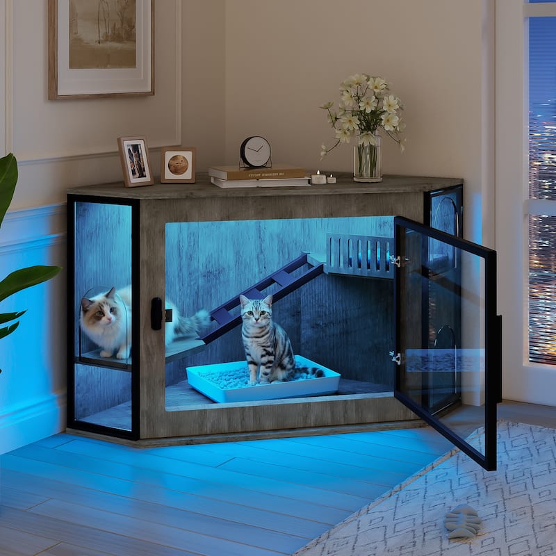 Anmytek 48 Inch Grey Corner Cat Litter Box Enclosure with LED Light and Playground