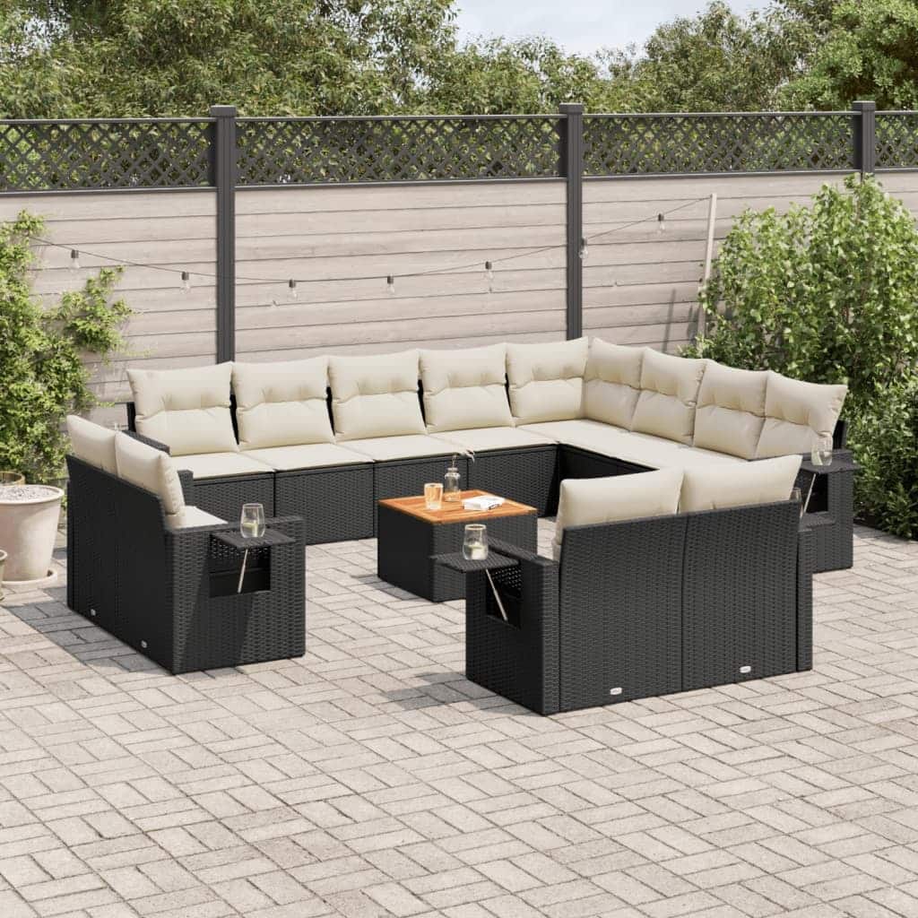 vidaXL Garden Sofa Set Black and Cream White PE Rattan Large Modular - 24.4 x 25.8 x 27.2