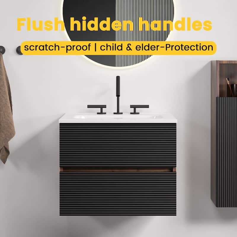 24" Wall Mounted Soft Black & Walnut Bathroom Vanity with Integrated Ceramic Sink with Overflow, with 3 holes