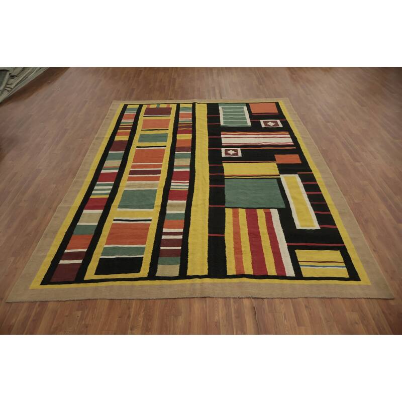 Hand Woven Oriental 100% Wool Carpet Southwestern Modern Yellow & Gold Kilim Area Rug - 11' 11'' X 8' 10''