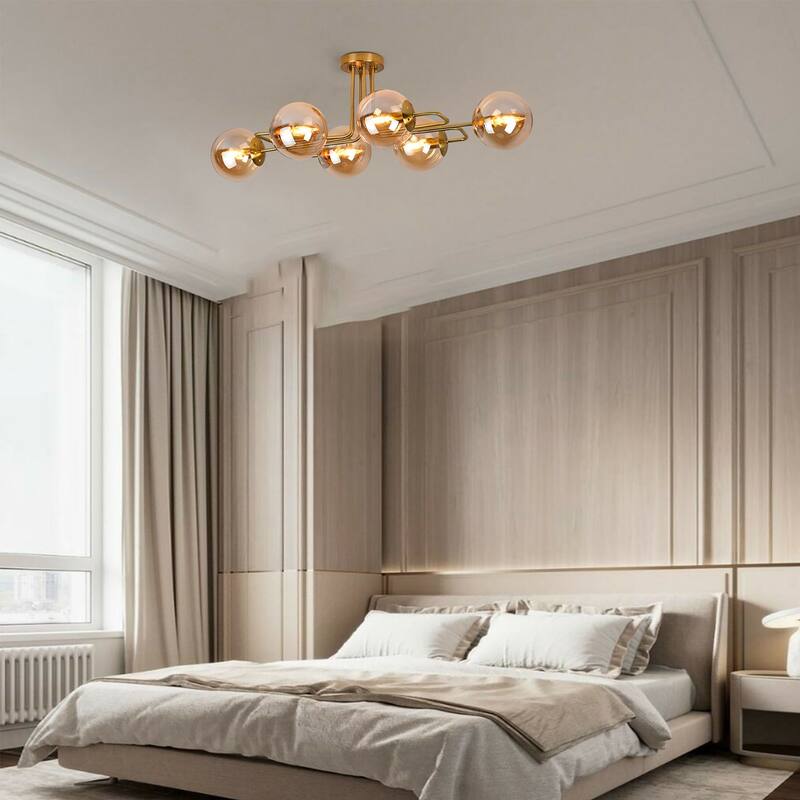Mid - Century Modern 4 - Light Chandelier, Brass Frame with Amber - Tinted Glass Globes