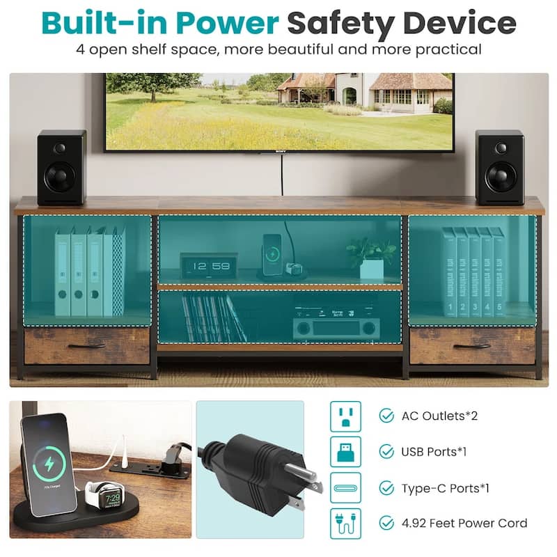 TV Stand with Fabric Drawers, TV - Entertainment Center and Industrial TV Console Table with Open Storage Shelves