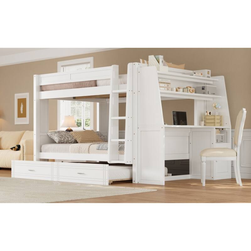 Roomfitters Full Over Full Bunk Bed with Built-In Desk, Bookshelves and Trundle