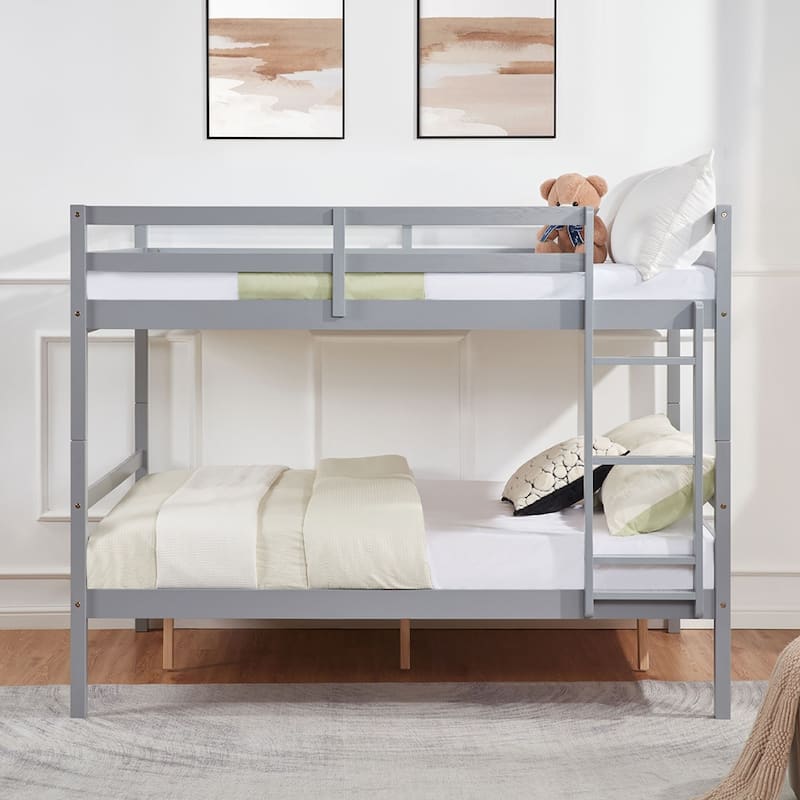 Full over Full Wooden Bunk Bed,High Guardrail,Ladder,Kids Teens,Dorm