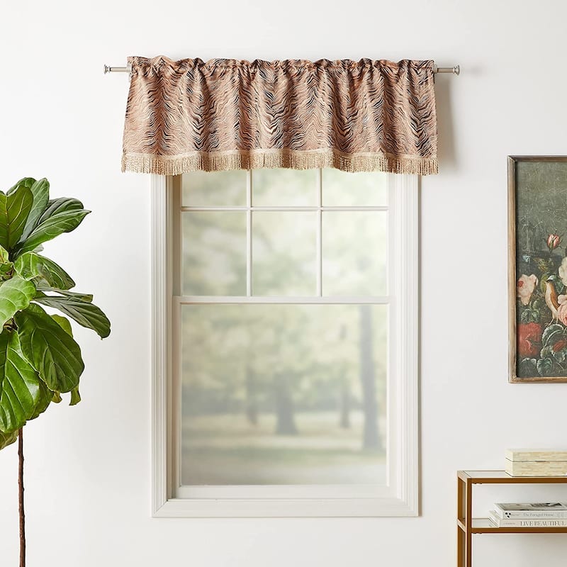 Violet Linen Boutique Zebra Patern, Polyester Jacquard, with Fringes, Cranberry, 60" x 18", Straight, Rod Pocket Curtain Valance