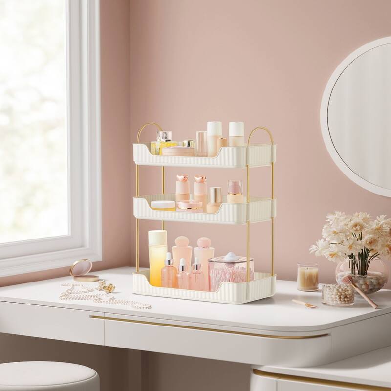 3-Tier Vertical Makeup Storage Organizer with Plated Metal Frame and Handle - 6.6”D x 12”W x 18.9”H