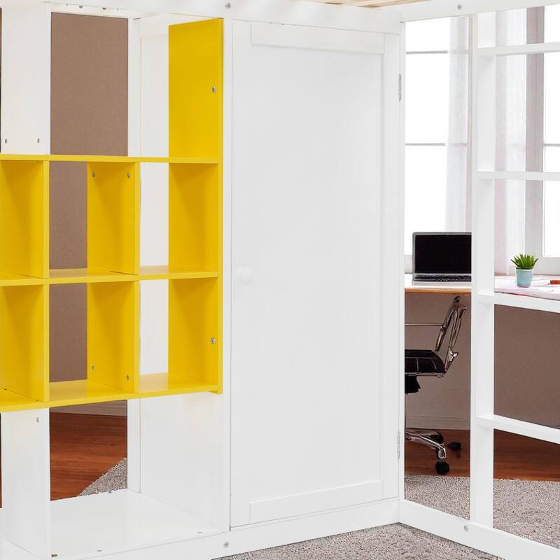Space-Saving Twin/Full Loft Bed, Solid Wood Frame with Open Wardrobe, Colorful Shelves, Cabinet Storage & Reversible Ladder