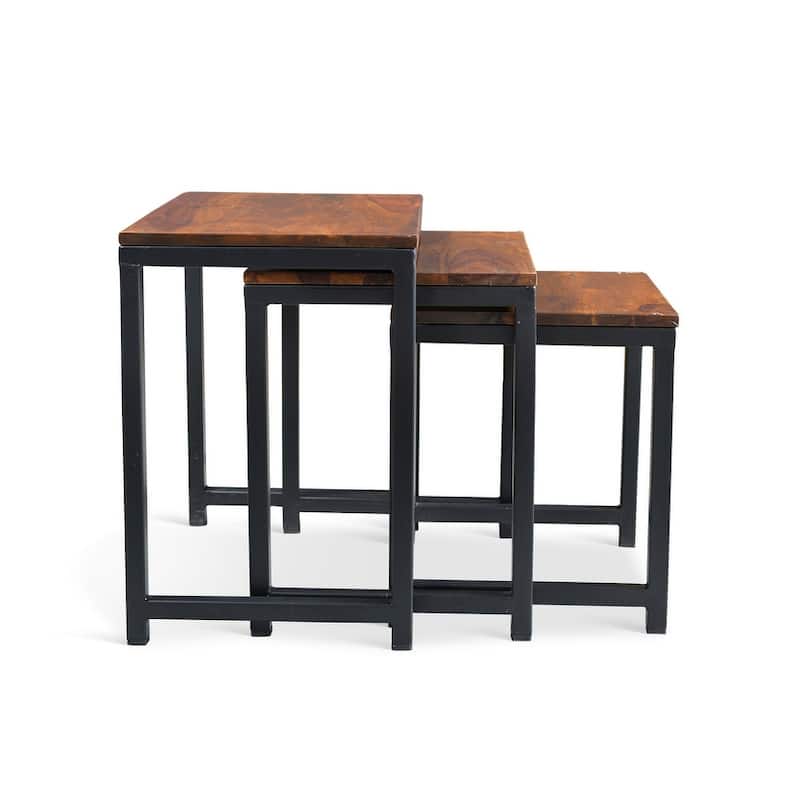 Handmade Reclaimed Seesham Wood and Iron Nesting Table, Set of 3 (India) - Largest table: 21.75"W x 15.75"D x 24"H