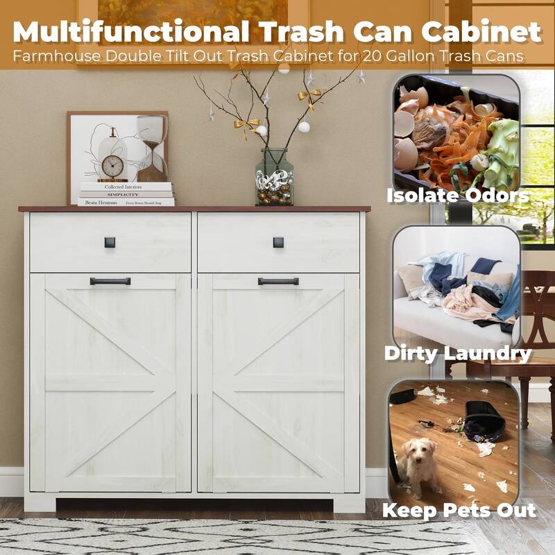 Tilt Out Trash Cabinet, Freestanding Wooden Trash Recycling Cabinet, Hidden Dual Laundry Cabinets with 2 Drawers & 2 Baskets