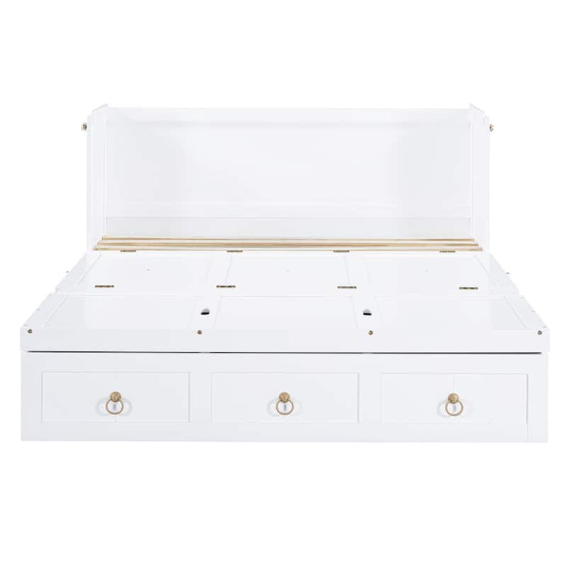 Full/Queen Murphy Bed with Built-in Power/USB Module, Wooden Foldable Wall Bed w/Large Storage Drawer for Home Office Guest Room