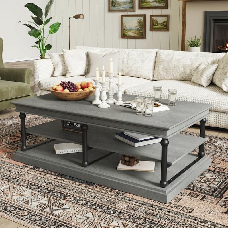 3-Tier Wood Coffee Table with Black Turned Legs & Dual Open Shelves by Harper&Bright Designs
