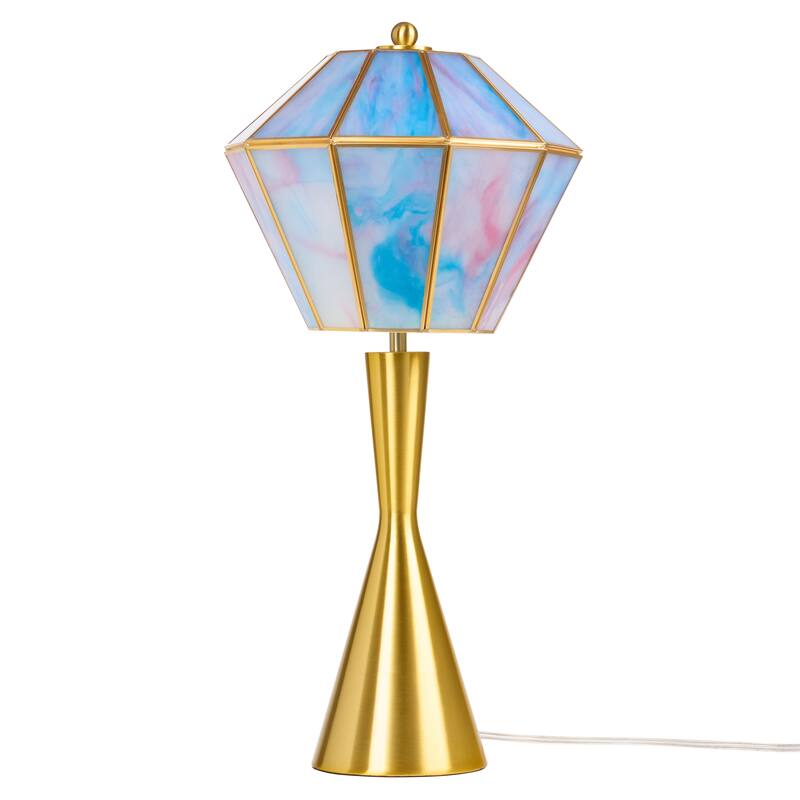 Pearce River of Goods Gold Metal and Blue Glass Diamond Shade 21-Inch Table Lamp - 10.125" x 10.125" x 21"