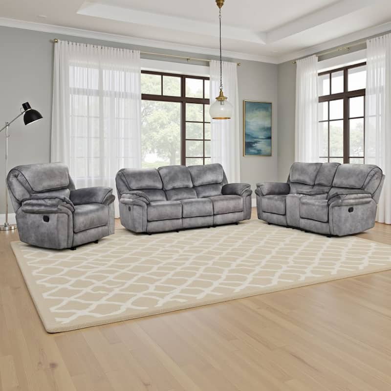 Arisa 3pc Sofa, Loveseat, Chair Manual Recliner Set, Gray Faux Leather