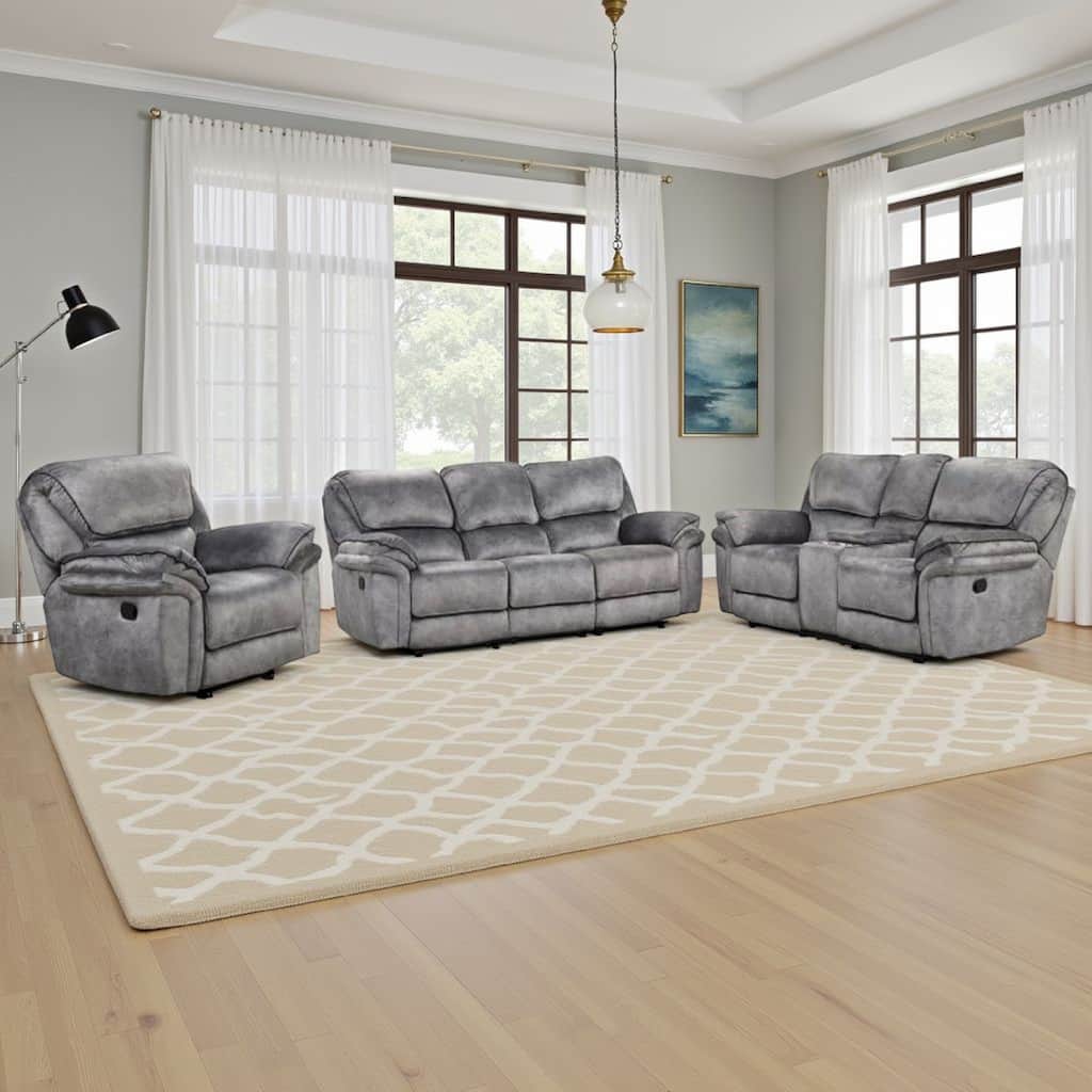 Arisa 3pc Sofa, Loveseat, Chair Manual Recliner Set, Gray Faux Leather