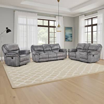 Arisa 3pc Sofa, Loveseat, Chair Manual Recliner Set, Gray Faux Leather