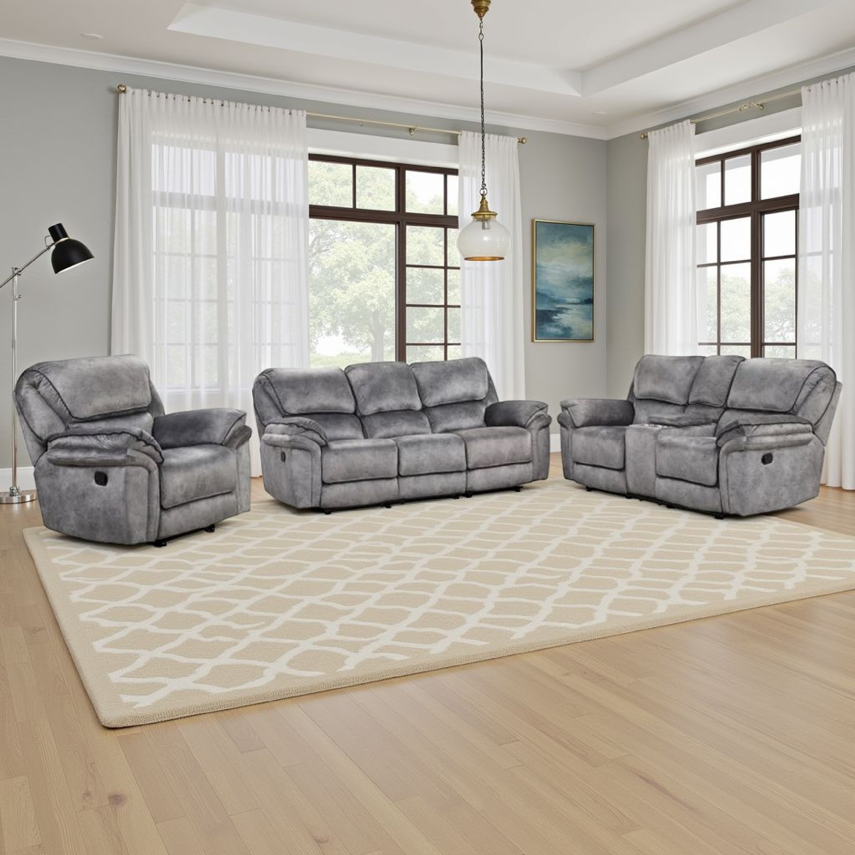 Arisa 3pc Sofa, Loveseat, Chair Manual Recliner Set, Gray Faux Leather