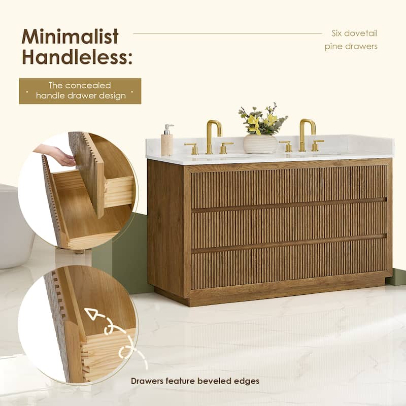 Navan Bathroom Vanity in Weathered Brown with Grain White Engineered Stone Countertop No Mirror