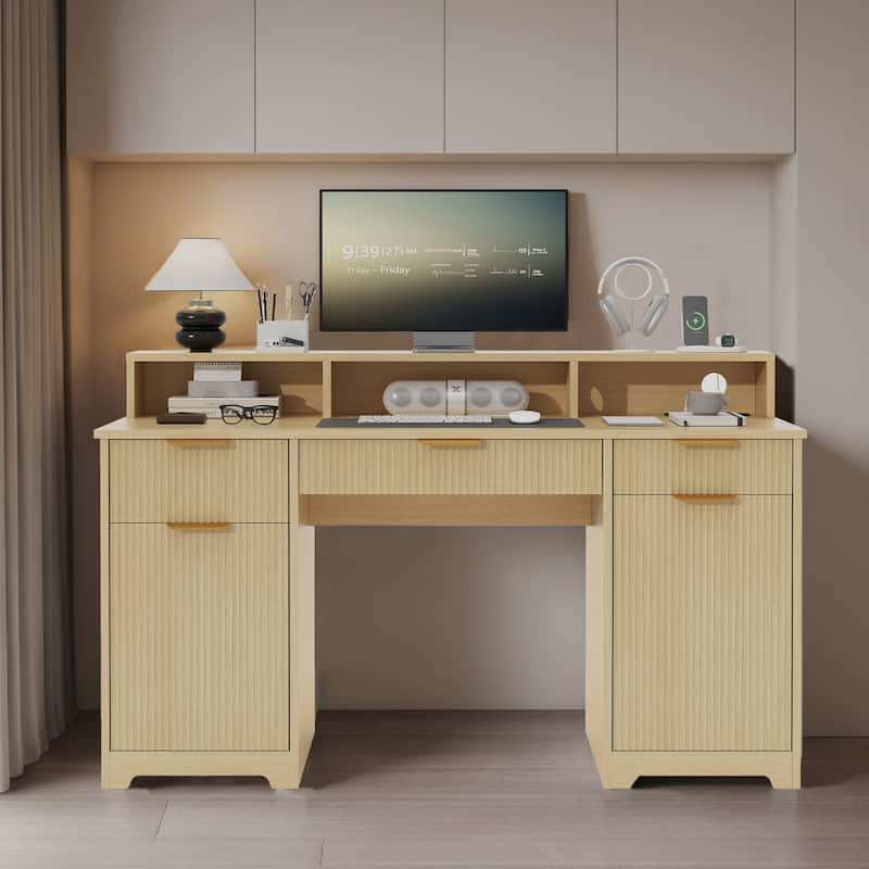 Pocassy Fluted Office Desk with Power Outlets Long Monitor Stand - Natural