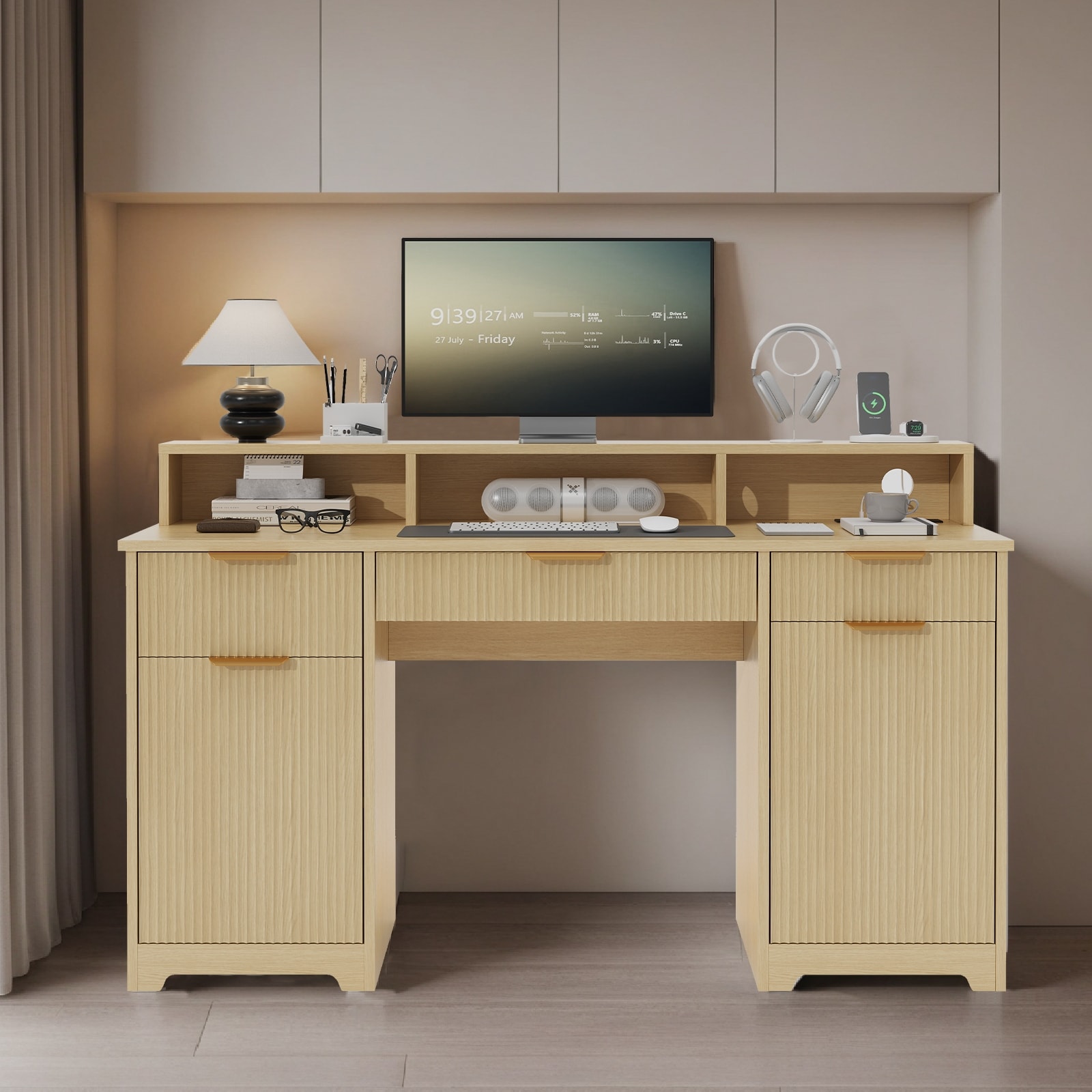 Pocassy Large Home Office Desks with 3 Drawers & 2 Storage Cabinet
