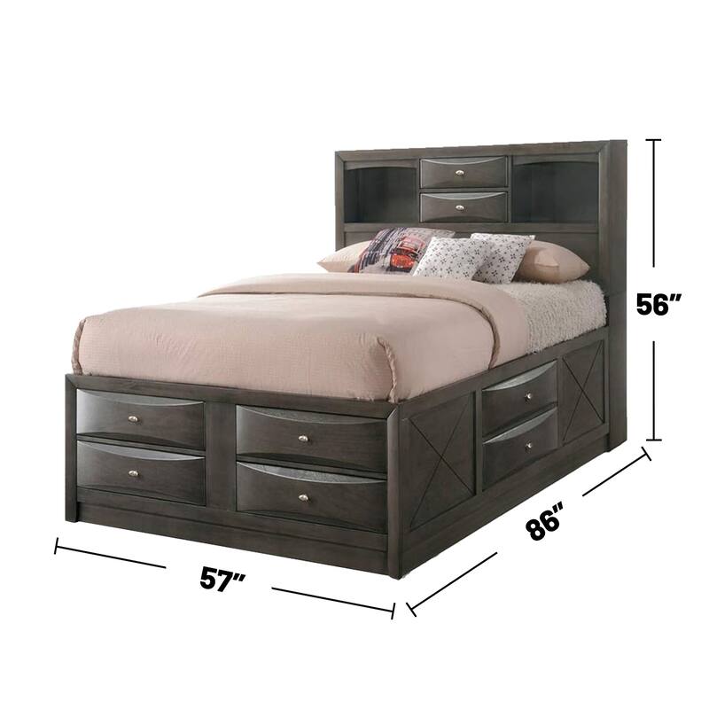 Wooden Full Size Bed with Bookcase and Drawers