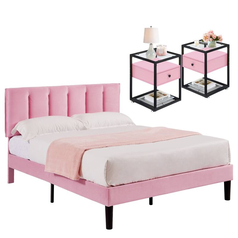 VECELO, Five Colors, 3-Pieces Tufted Upholstered Platform Bed Frame with Adjustable Height Headboard and Nightstands Set of 2