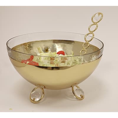 Salad Bowl with Glass Insert Gold and Clear Ball Legs - 11"D