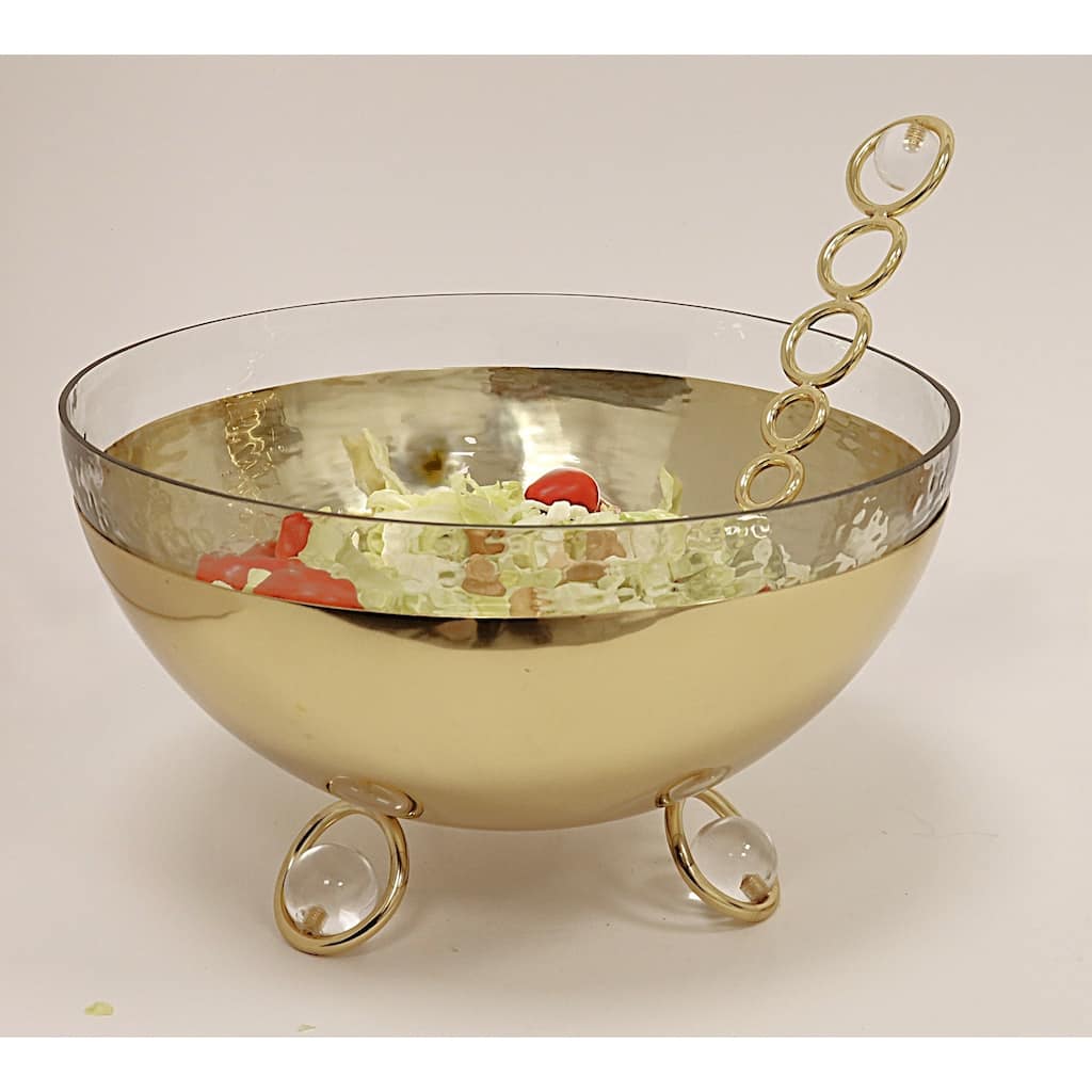 Salad Bowl with Glass Insert Gold and Clear Ball Legs - 11"D