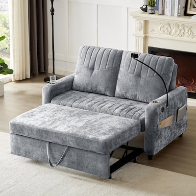 Chenille Loveseat Convertible Pull-out Sleeper Sofa Bed, Tufted Couch w2 Cup Holders Phone Holder & 3 USB Ports, Pockets