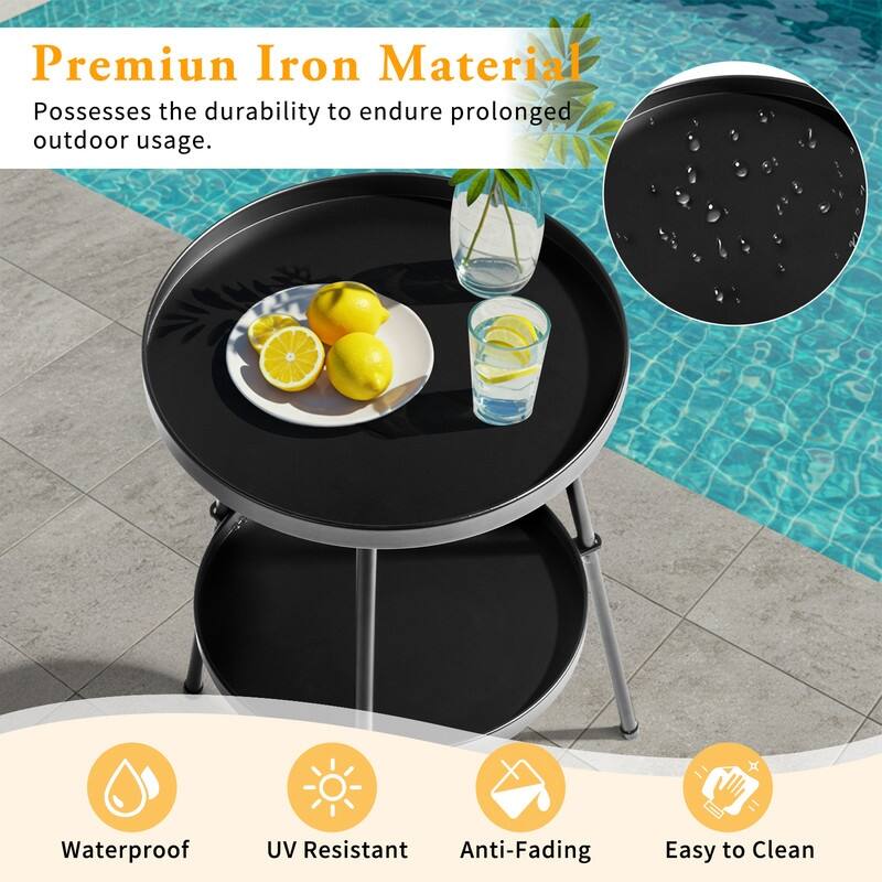 2 Tier Round Patio Small Side Table, Metal Coffee Table for Indoor Outdoor