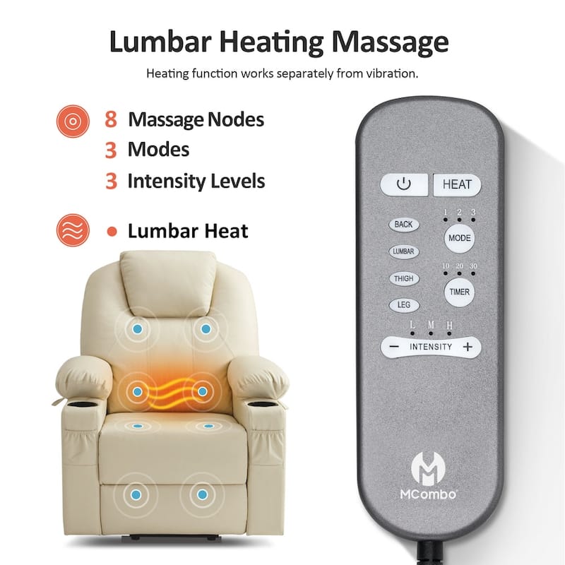 MCombo Large Power Lift Recliner Leather Chair with Massage, Heat, Cup Holders,Extended Footrest, Leather 7516