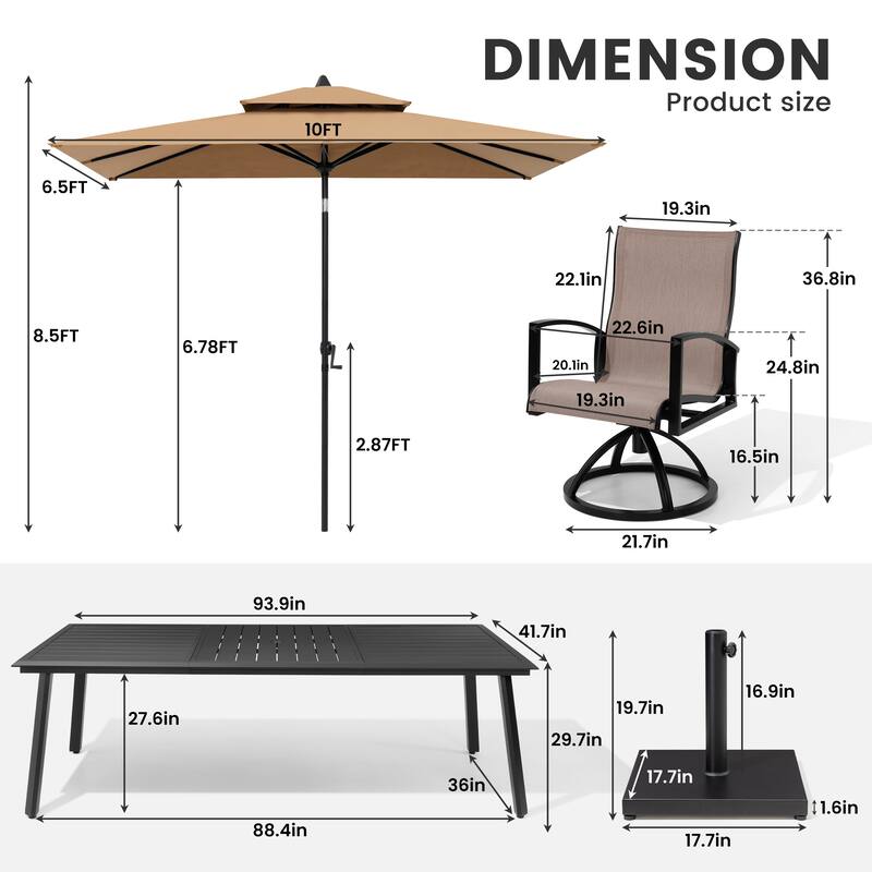 11-Piece Outdoor Aluminum Dining Table and Swivel Sunbrella Dining Chairs with Umbrella and Base Set