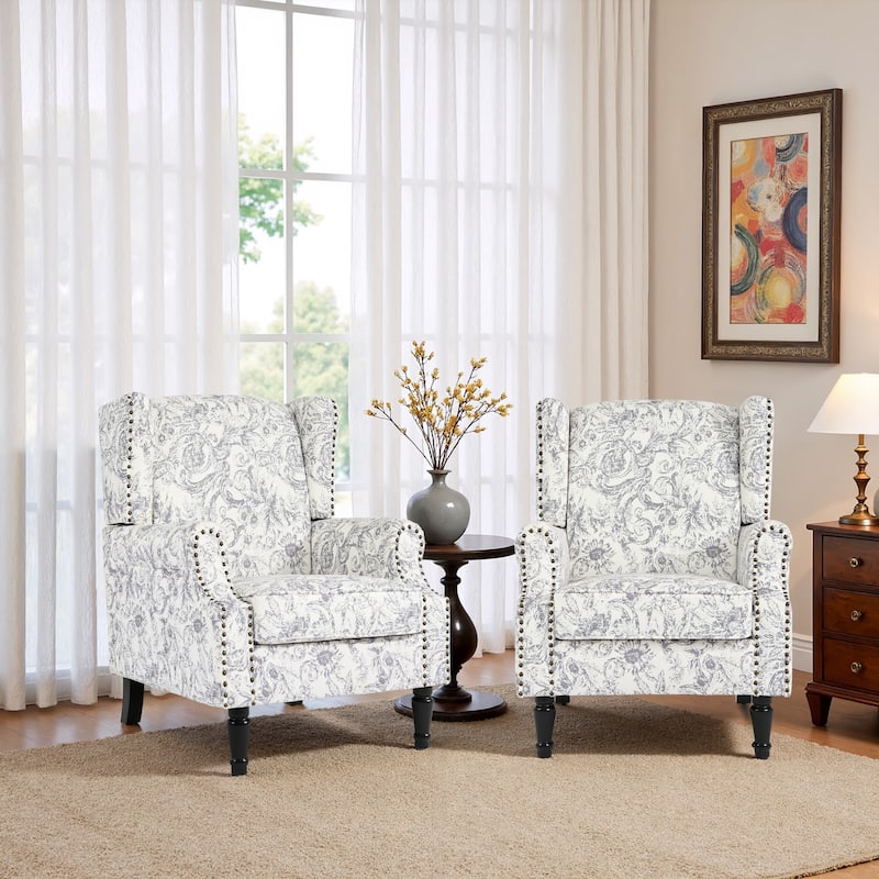 2 Set Traditional Patterned Wingback Accent Chairs with NailHead - Rococo Light Grey