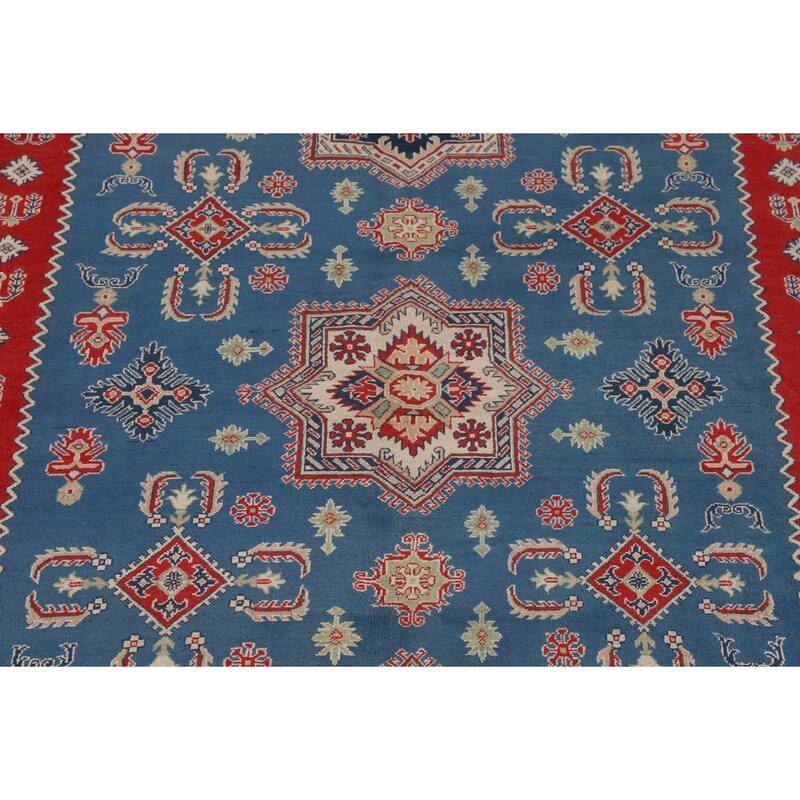 Blue Geometric Kazak Large Area Rug Hand-Knotted Wool Carpet - 9'9" x 13'2"