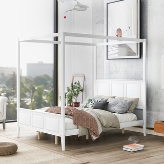 Queen Size Canopy Platform Bed with Headboard and Footboard, Slat Support