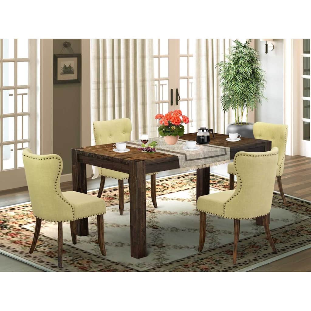 5-Piece Natural Brown Finish Solid Wood Top - Rectangular Button Tufted Dining Room Set - Seats 4