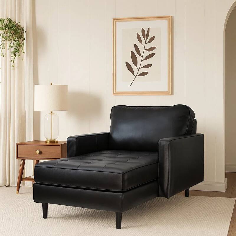 Bryc Chaise Lounge Chair, Classic Black Real and Faux Leather, 64 Inch