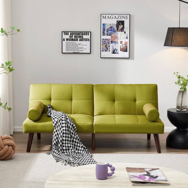 Convertible Sofa Bed Futon with Solid Wood Legs in Linen Fabric - Light Green
