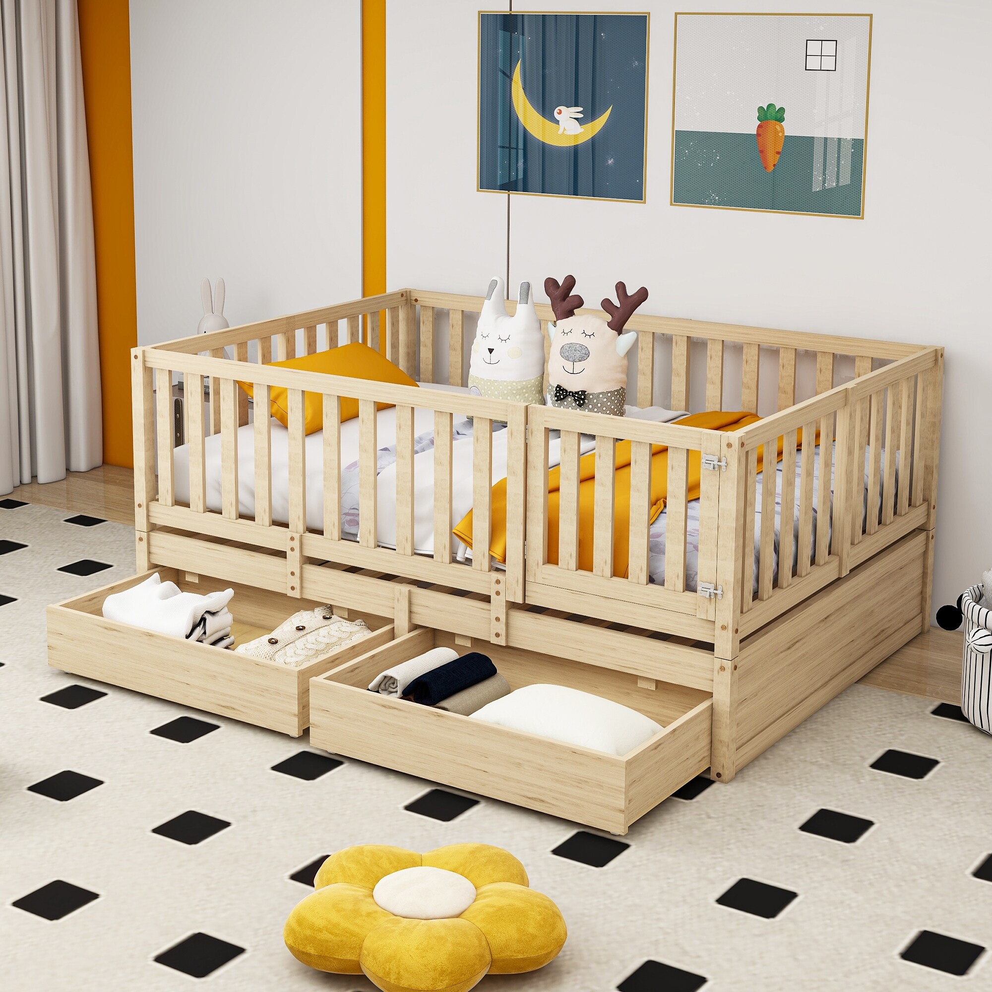 Full Size Wood Convertible Toddler Bed with Fence Guardrails and 2 Drawers Split into Independent Floor Bed Daybed Natural Bed Bath Beyond 39490296